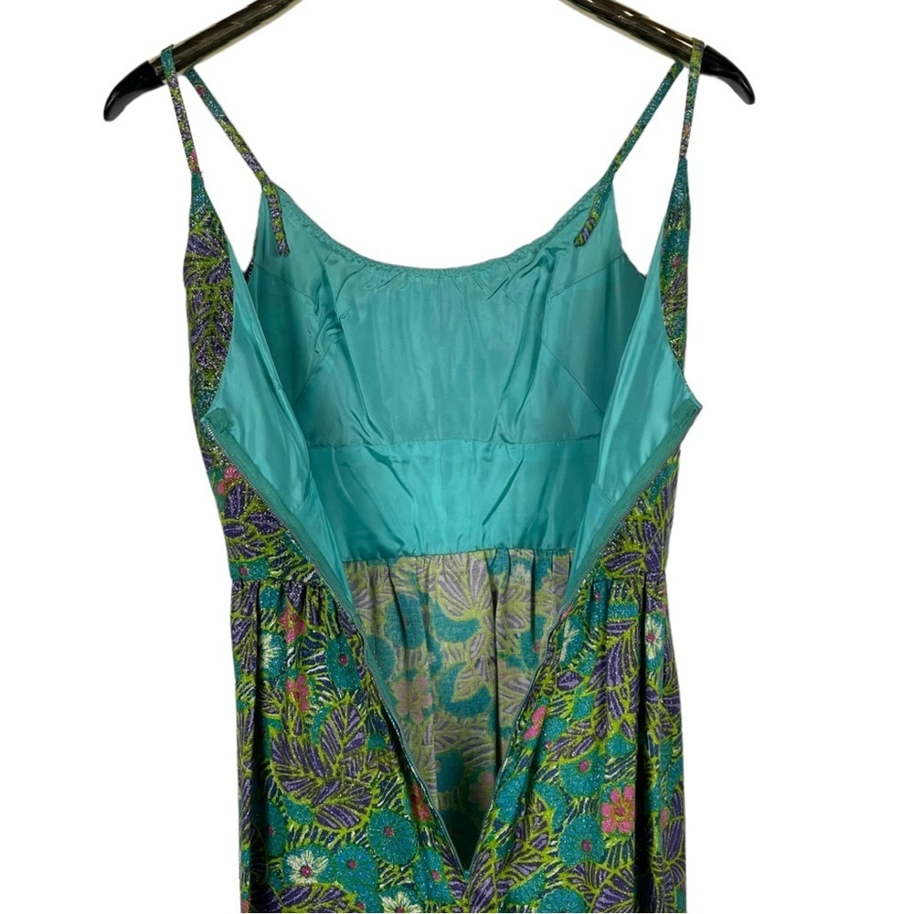 VINTAGE 60S METALLIC FLORAL TROPICAL VACATION SLEEVELESS COLUMN SHEATH DRESS - Picture 9 of 11